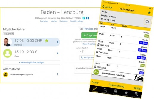 ÖV-Verbindungen auf der flinc-Webseite und Fahrgemeinschaften in der PostAuto-App (Screenshots PostAuto Schweiz AG)