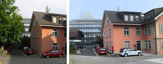 Mobility Carsharing-Parkplätze am Verwaltungsstandort Buchenhof in Aarau: vorher / nachher (Fotos: AVK)
