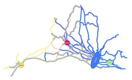 Synoptique des itinéraires à jalonner en direction des centres (source : Canton de Vaud – DGMR et Pro Vélo)