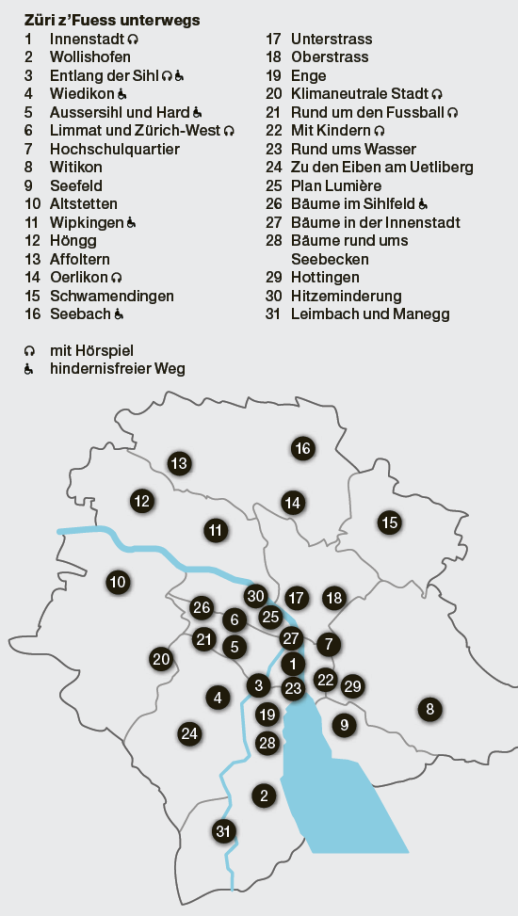 Übersicht über die 31 Züri z’Fuess Spaziergänge (Grafik: Anstalt.ch)