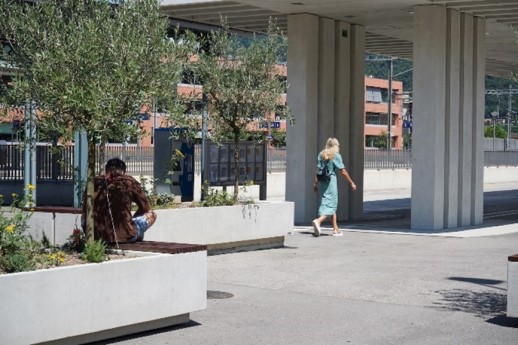 Bepflanzter Trog in Mendrisio, auf dem man sitzen kann (Foto: Felicia Lamanuzzi Architetto)