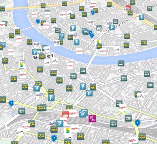 Kartenausschnitt der Mobilitäts-App NordwestMobil in Basel (Quelle: PostAuto)