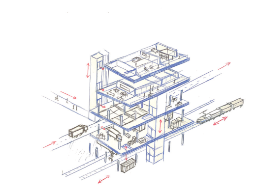 Gli edifici logistici multipiano con collegamento ferroviario che consentono un uso misto sono la soluzione più efficiente dal punto di vista energetico e spaziale.  (Illustrazione: Rapp AG)