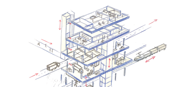 Mehrstöckige Logistikgebäude mit Bahnanschluss, die eine Mischnutzung erlauben, sind die energie- und flächeneffizienteste Lösung.  (Illustration: Rapp AG)