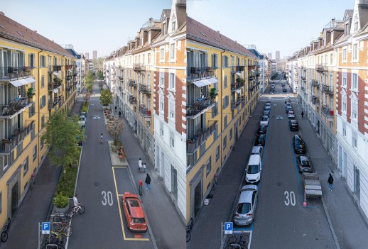 Die Anwandstrasse in Zürich im Vorher-Nachher-Vergleich – mit und ohne Mobility. (Foto: Mobility)