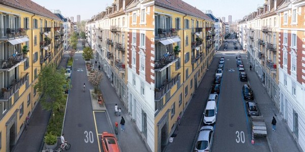 Un confronto tra il prima e il dopo sulla Anwandstrasse a Zurigo, con e senza Mobility. (Foto: Mobilità)